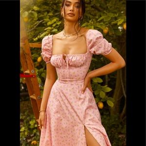 House of CB TALLULAH PINK FLORAL PUFF SLEEVE MIDI DRESS